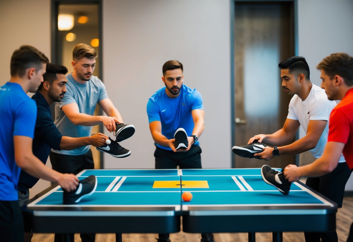 A group of players gather around a table, each holding a shoe. They take turns tossing their shoes towards a designated target, aiming for the highest score