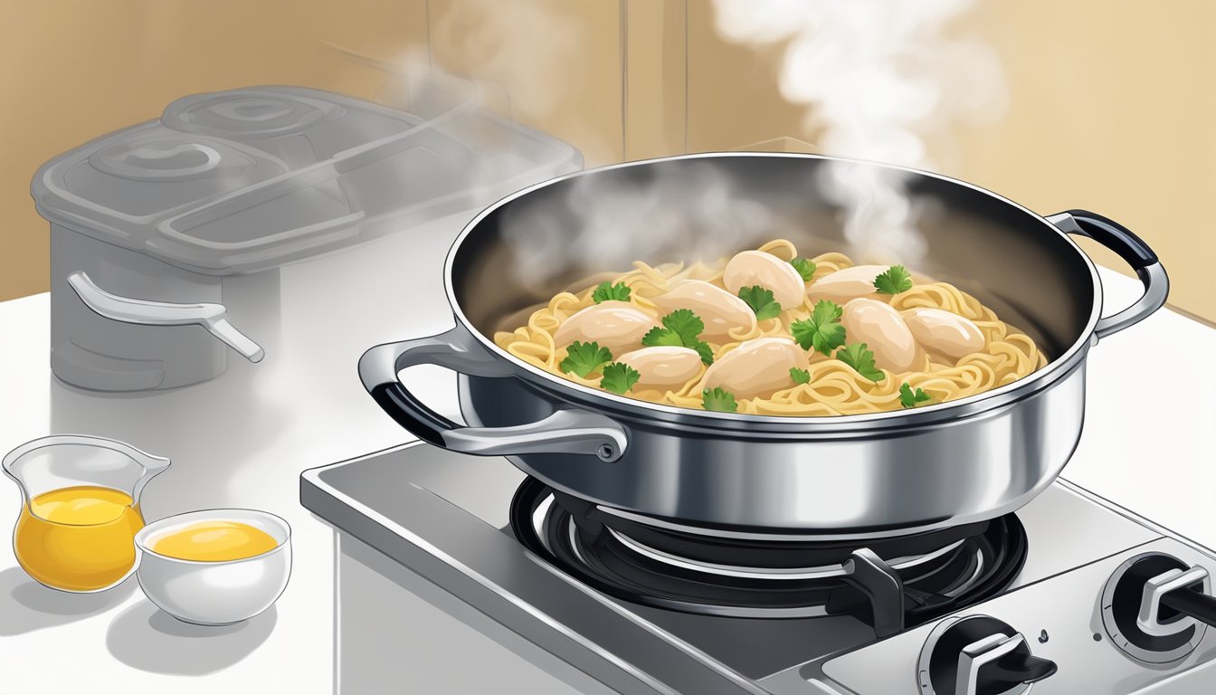 A pot of chicken stroganoff with egg noodles being gently reheated on a stovetop, steam rising from the bubbling mixture