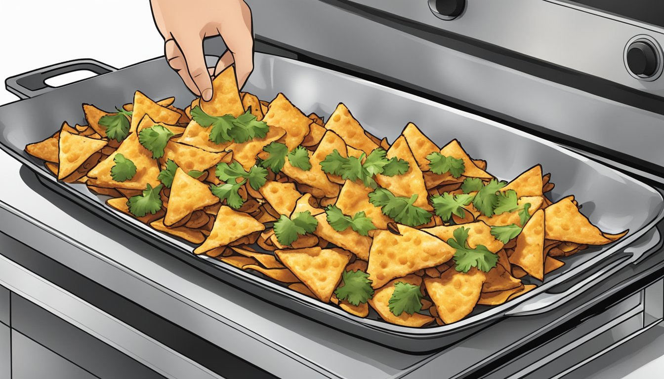 A plate of chicken nachos being placed in a preheated oven