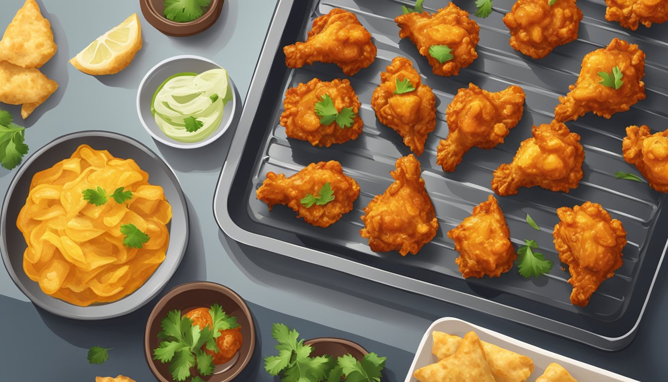 A plate of chicken pakoras on a baking sheet in the oven