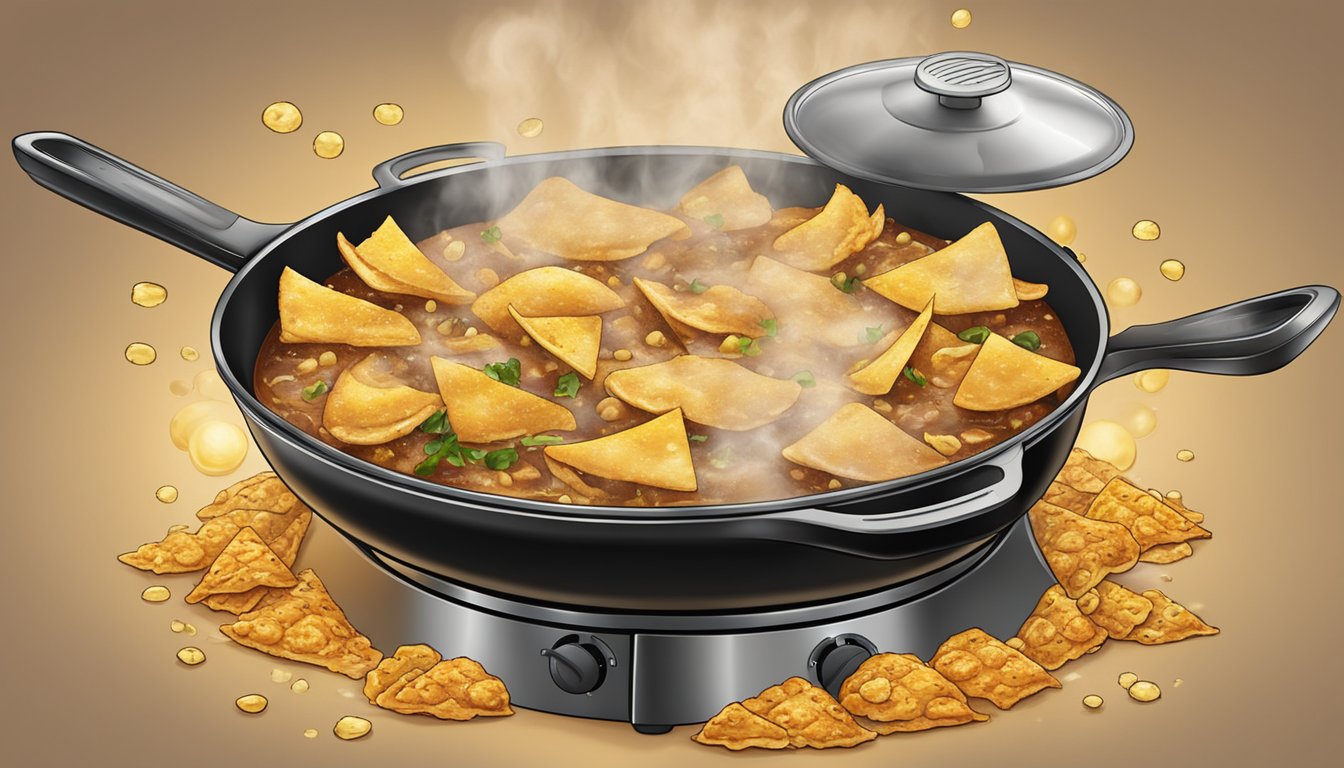 A skillet sits on a stove, filled with sizzling chicken nachos being reheated. The golden cheese bubbles and the aroma of spices fills the air