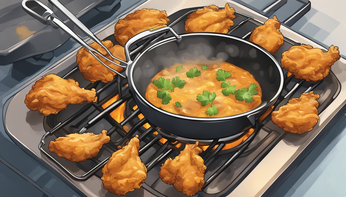 Chicken pakoras sizzling in a hot skillet, steam rising as they are flipped for even crispiness. A timer sits nearby, ready to signal when they are perfectly reheated