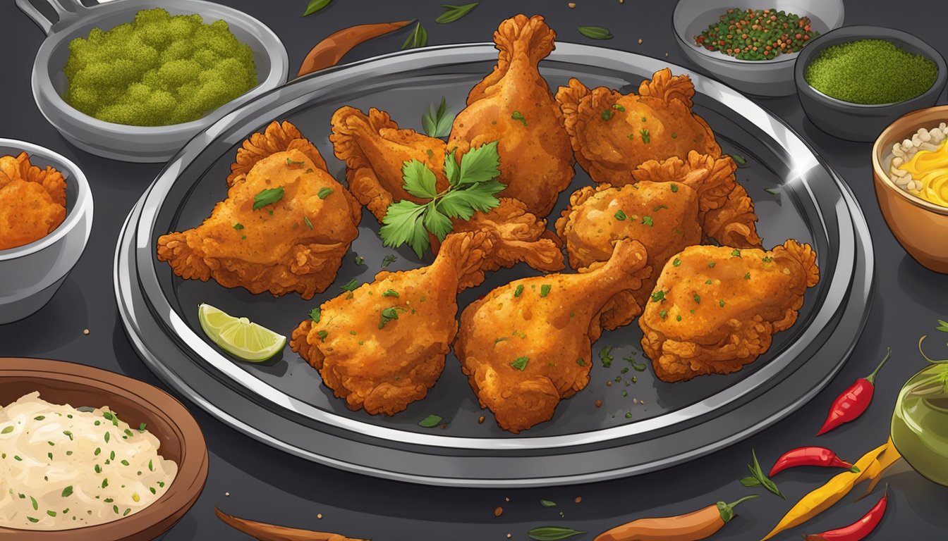 A plate of chicken pakoras being reheated in the oven, surrounded by a variety of colorful and aromatic spices and herbs