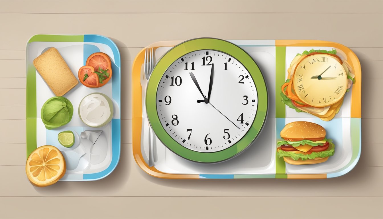 A clock showing different times of day with food and an empty plate