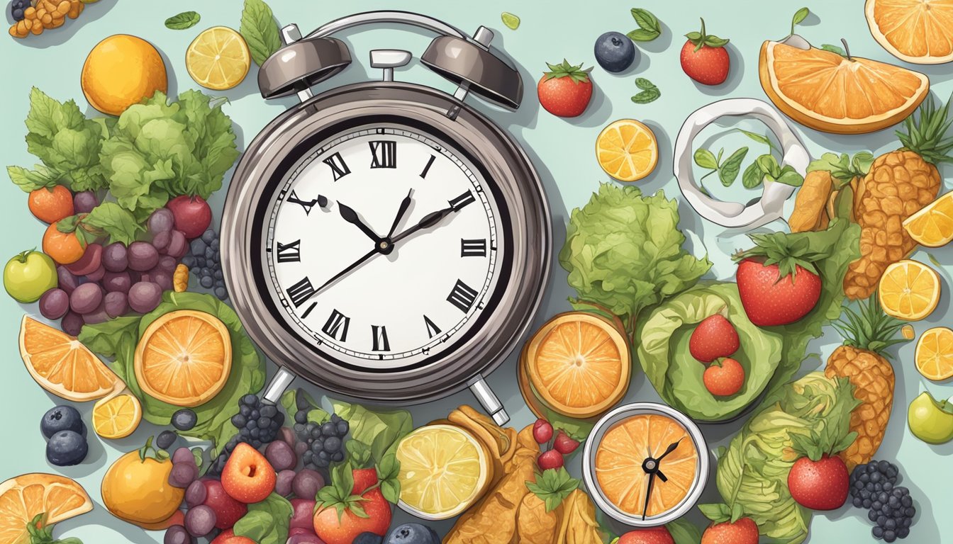 A clock with a limited eating window, surrounded by healthy food and temptations