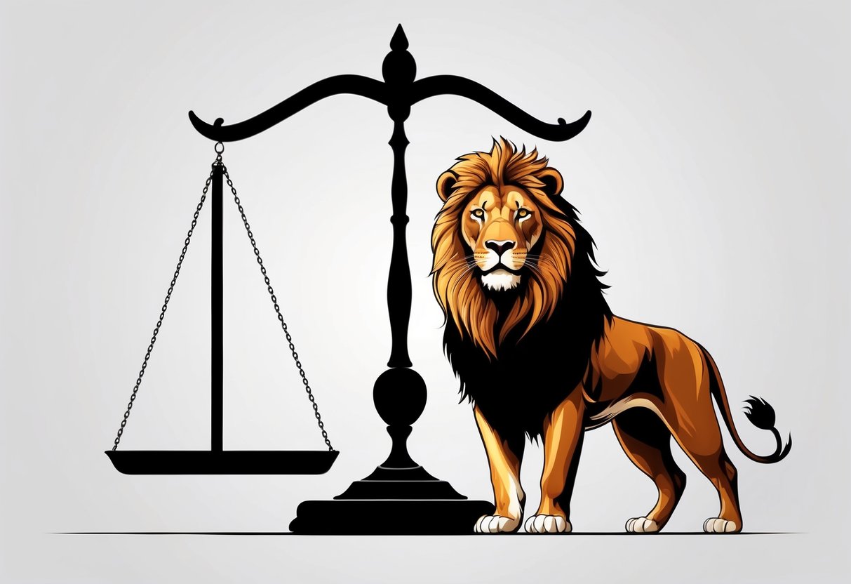 A balanced scale and a powerful lion stand side by side, symbolizing the compatibility between Libra and Leo