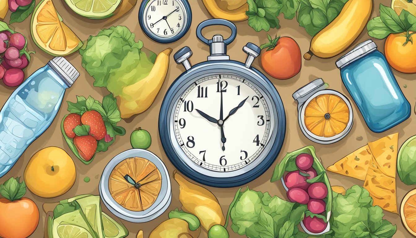 A clock showing a time window for eating, surrounded by healthy food and a water bottle