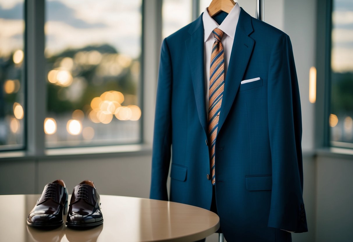 A neatly arranged suit and tie on a hanger, with a pair of polished dress shoes nearby