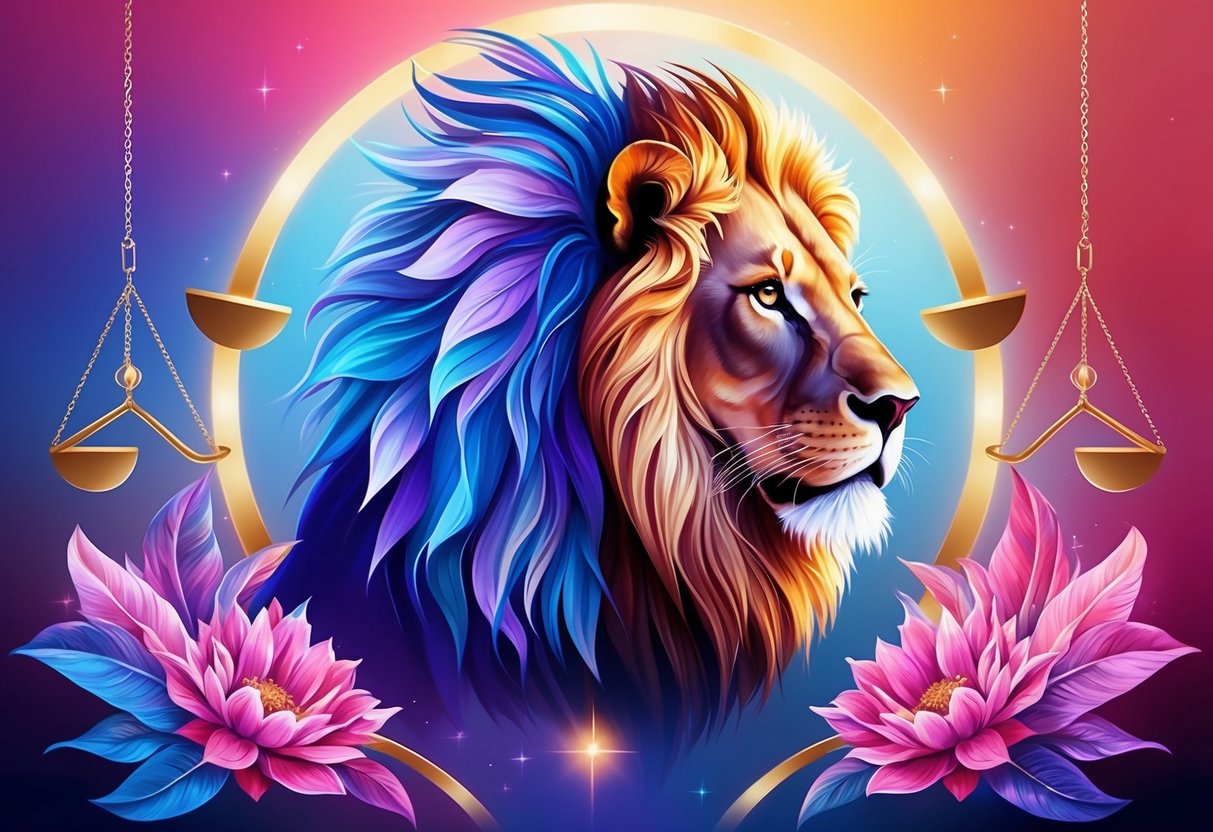 A majestic lion and graceful scales symbolize Leo and Libra's compatibility, surrounded by vibrant colors and harmonious elements