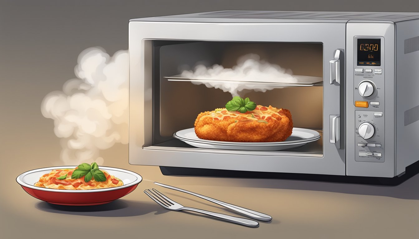 A microwave with a bowl of chicken parmesan inside, steam rising from the hot dish