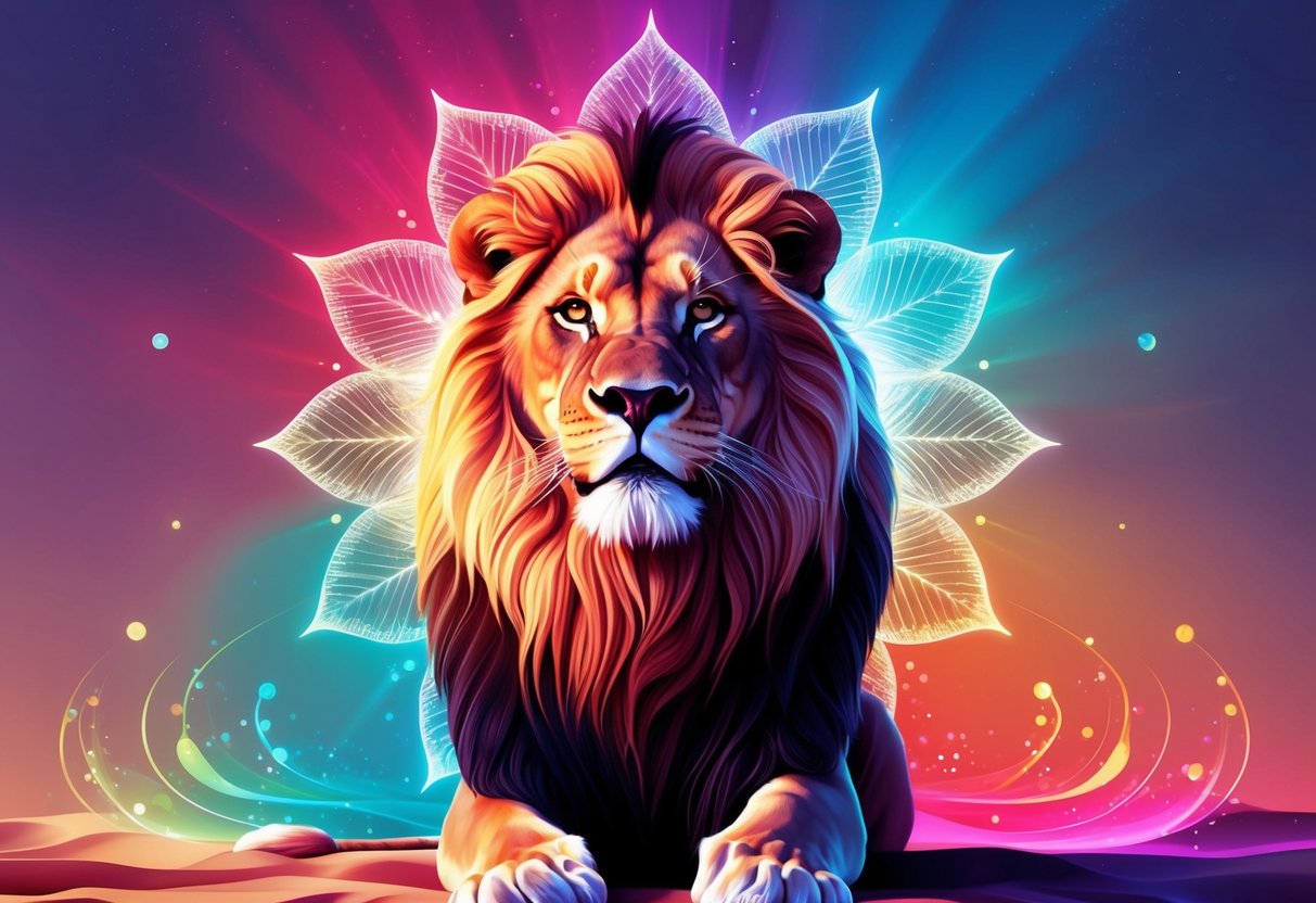 A majestic lion and graceful scales in perfect balance, surrounded by vibrant colors and harmonious energy