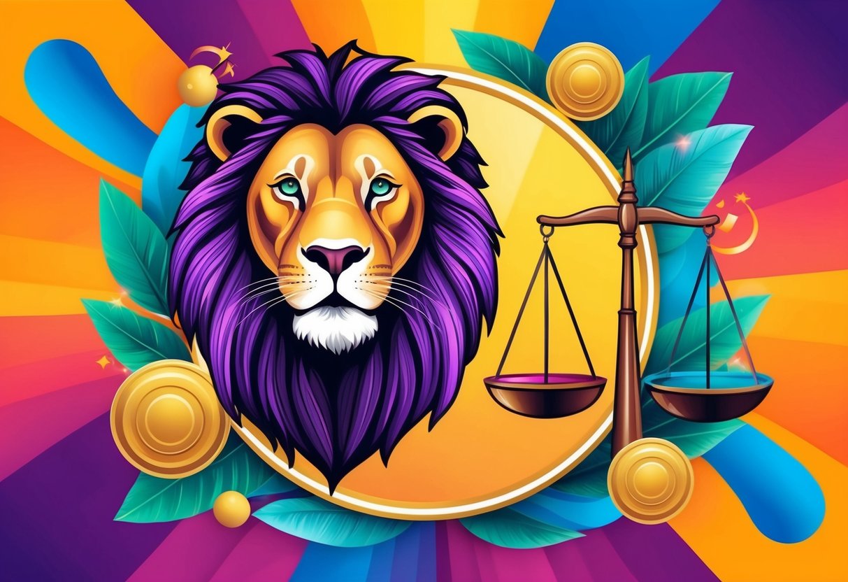 A lion and a scale symbolize Leo and Libra, surrounded by vibrant colors and harmonious elements