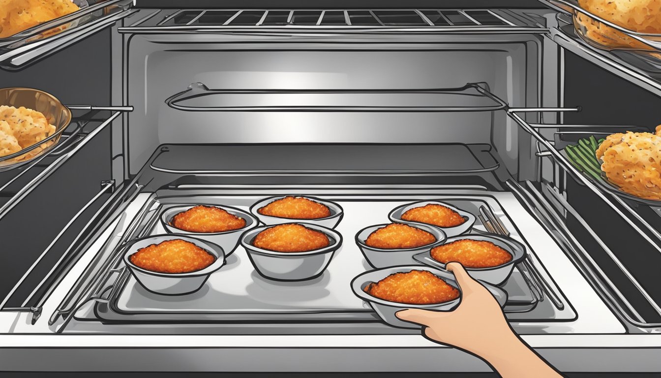 A person placing chicken parmesan bowls in the oven