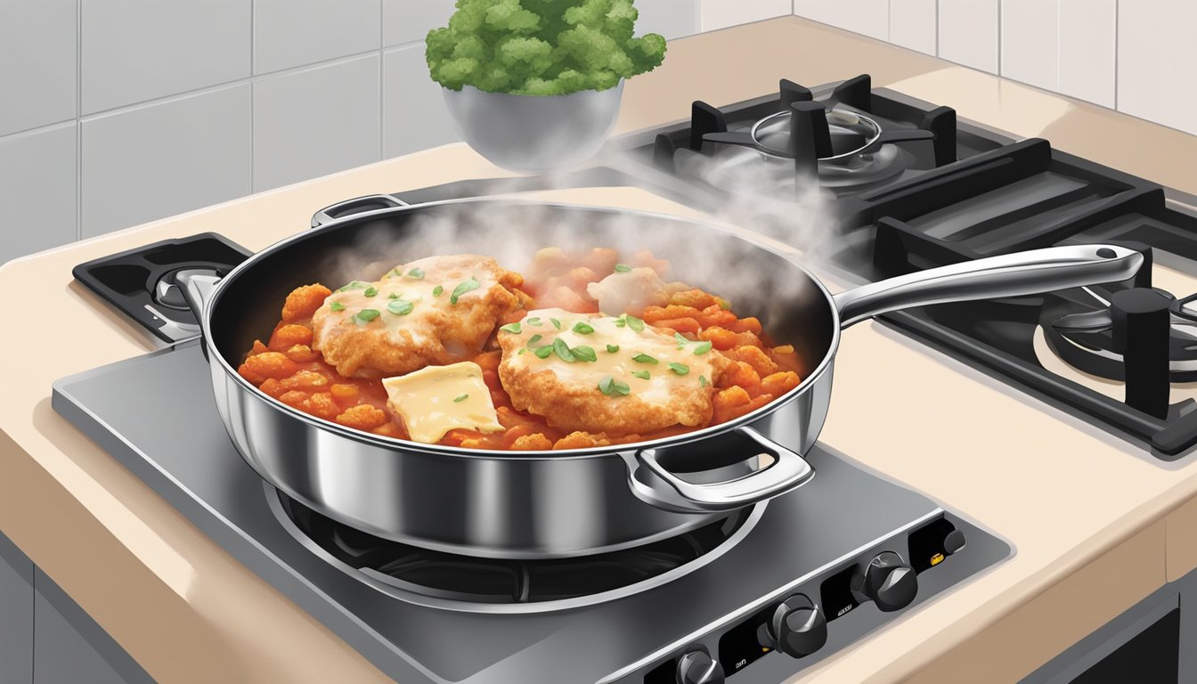 A pot with chicken parmesan bowls being reheated on a stovetop. Steam rises as the food is stirred with a spatula