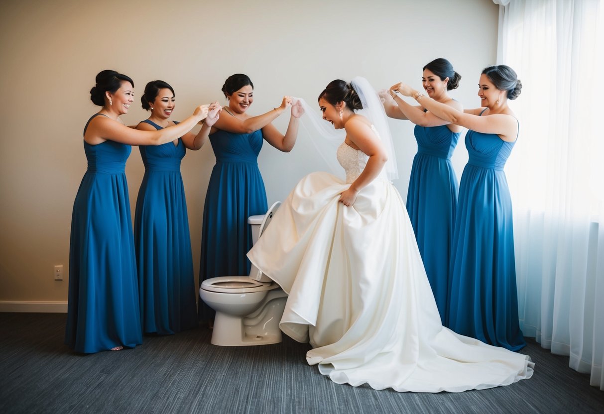 A bride in a flowing gown struggles to squat over a toilet while her bridesmaids hold up her dress
