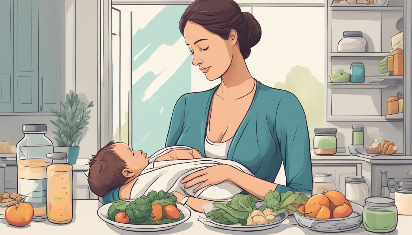 A mother breastfeeding while considering intermittent fasting, surrounded by conflicting information and a range of potential side effects