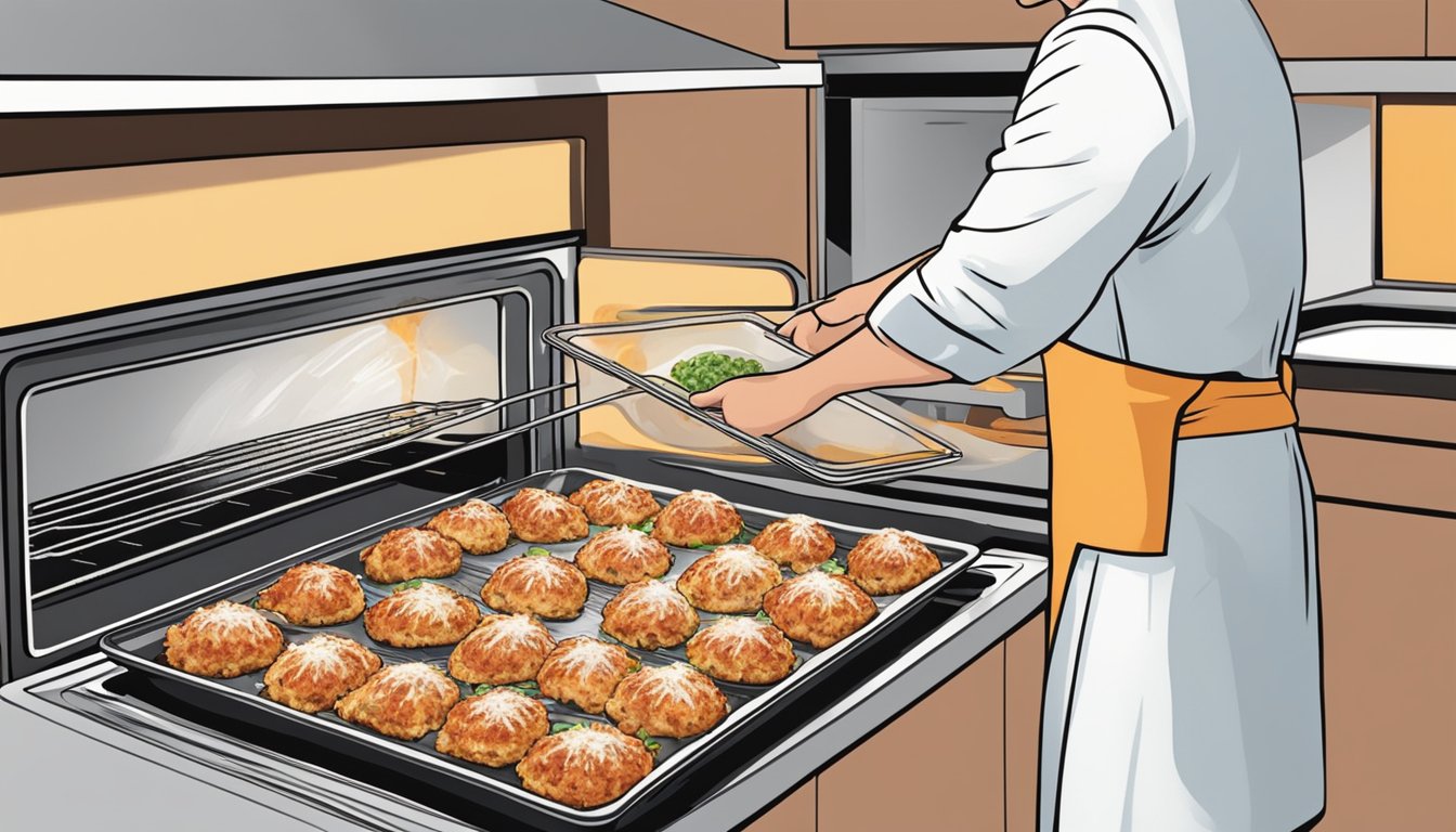 A person using an oven to reheat chicken parmesan bowls on a baking sheet. The bowls are covered with foil to retain moisture and prevent burning