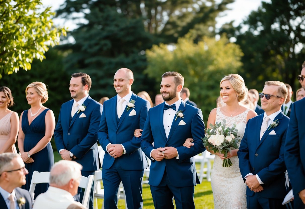 An outdoor wedding ceremony with guests in formal attire, some wearing suit jackets while others opt for a more casual look