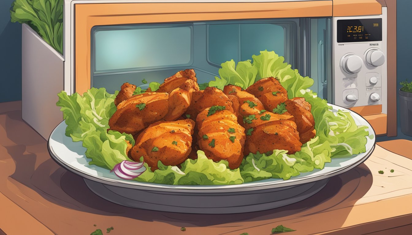 A plate of chicken tikka sits on a bed of lettuce, surrounded by various spices and herbs. A microwave is in the background, with the door open and a plate inside