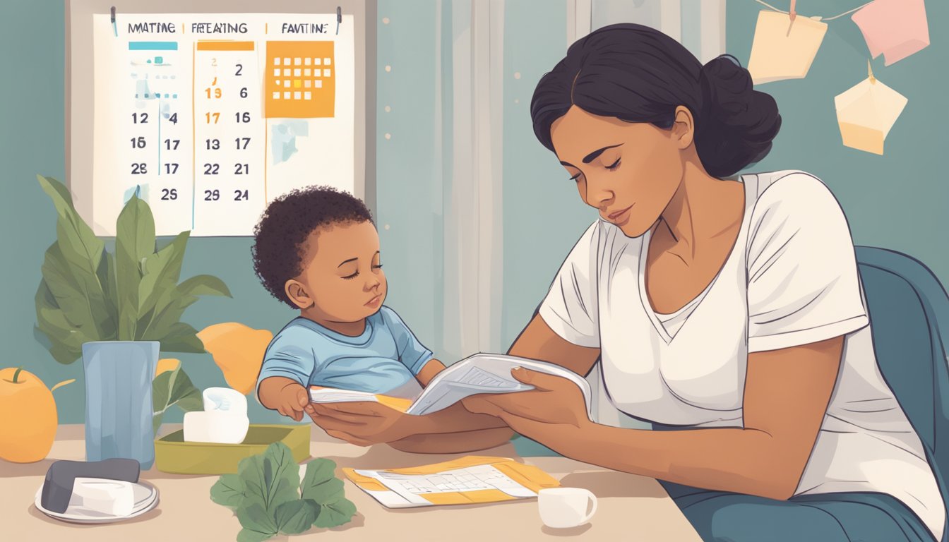 A mother breastfeeding while looking at a calendar, considering intermittent fasting