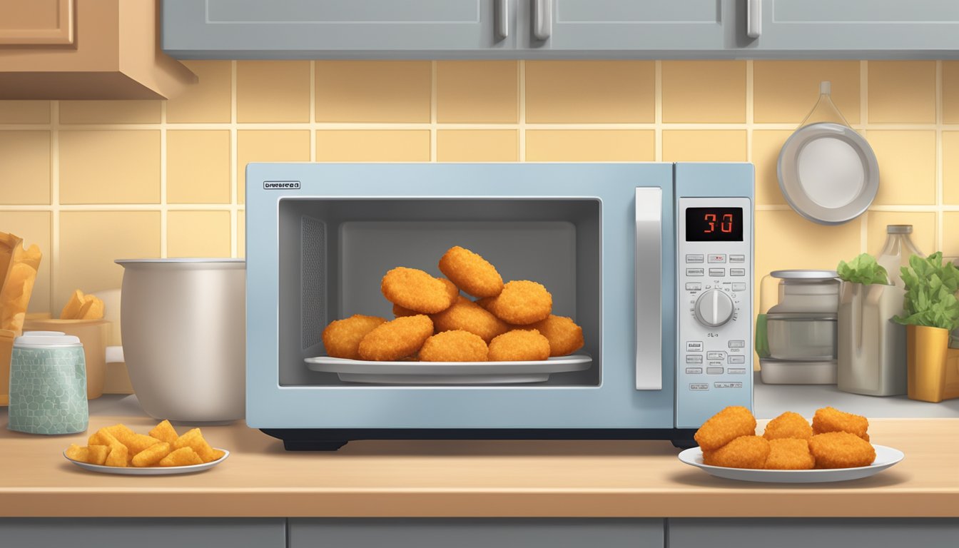 A microwave with a plate of chicken nuggets inside, a timer set, and a caution sign indicating proper reheating instructions