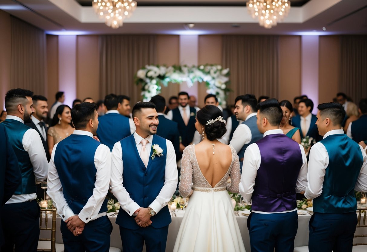 A wedding reception with guests in a variety of stylish formal attire, some wearing suit jackets and others opting for alternative options like blazers, vests, or shawls