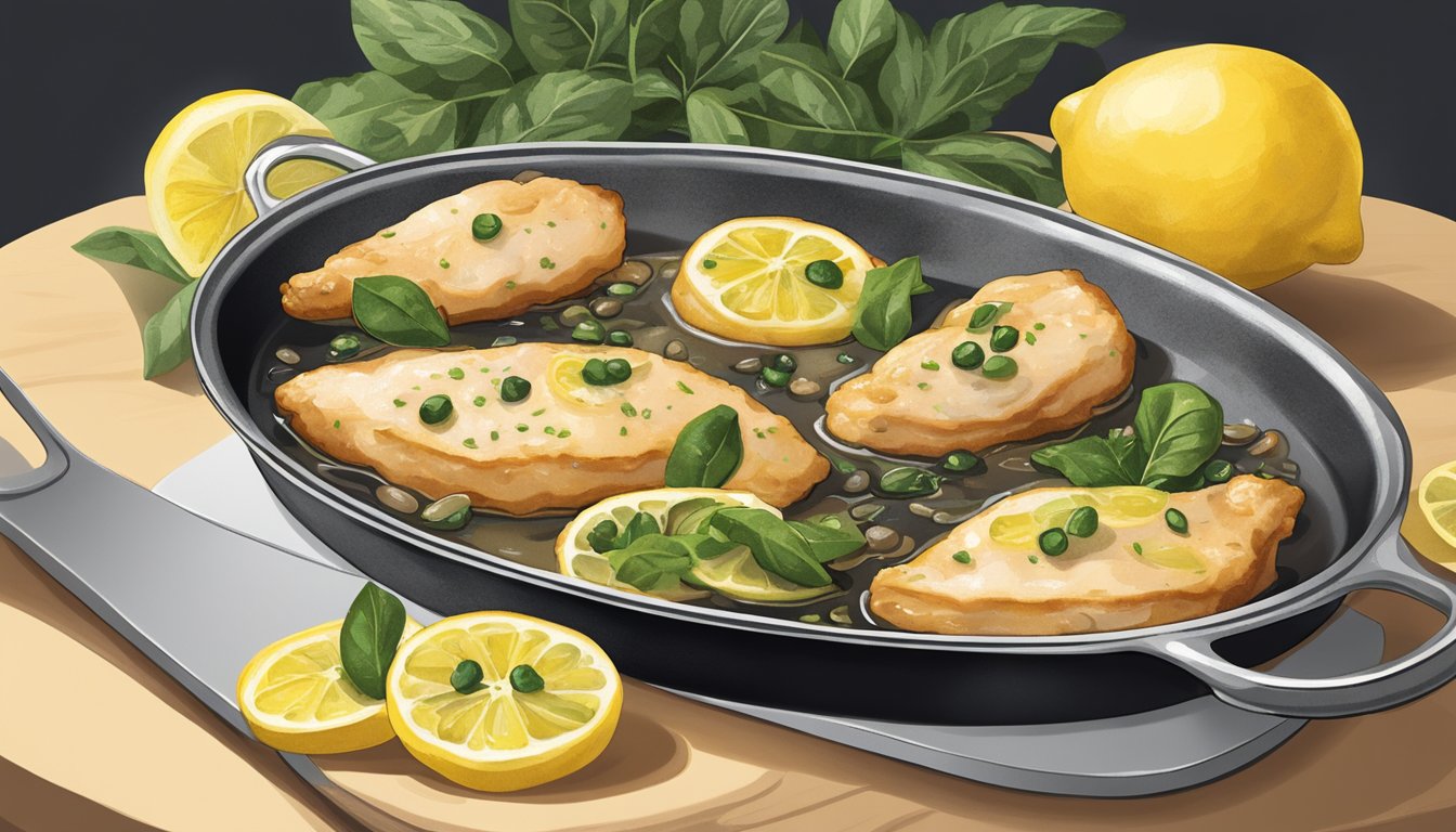 A plate of chicken piccata being heated in a skillet on a stove. Lemon slices and capers garnish the dish