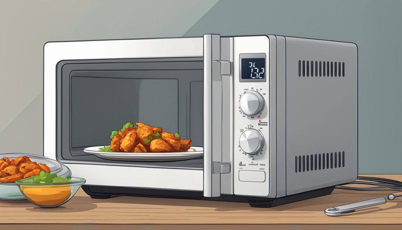 A microwave with a plate of chicken tikka inside, a digital thermometer, and a timer set for reheating