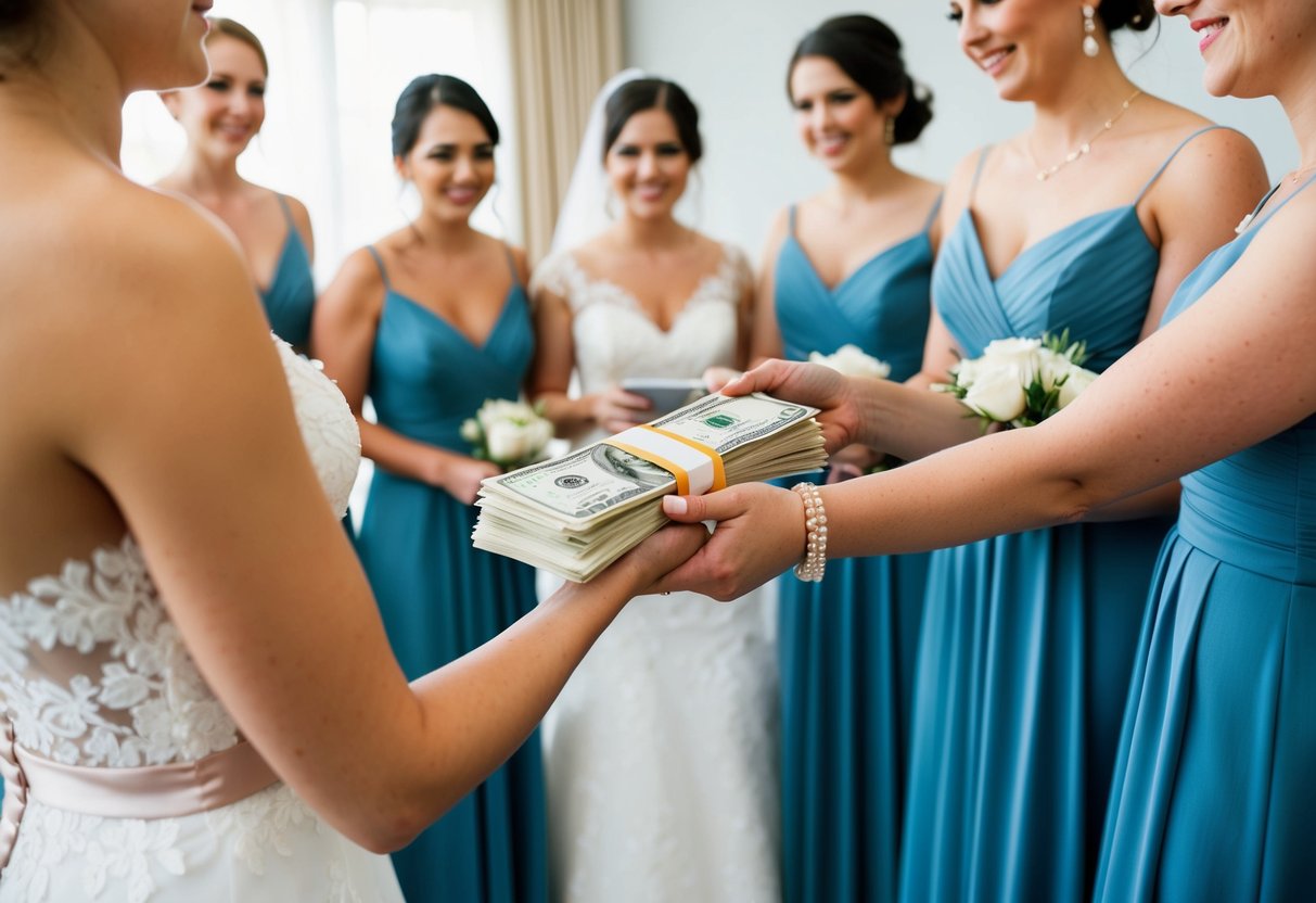 A bride handing over a stack of bills to her bridesmaids