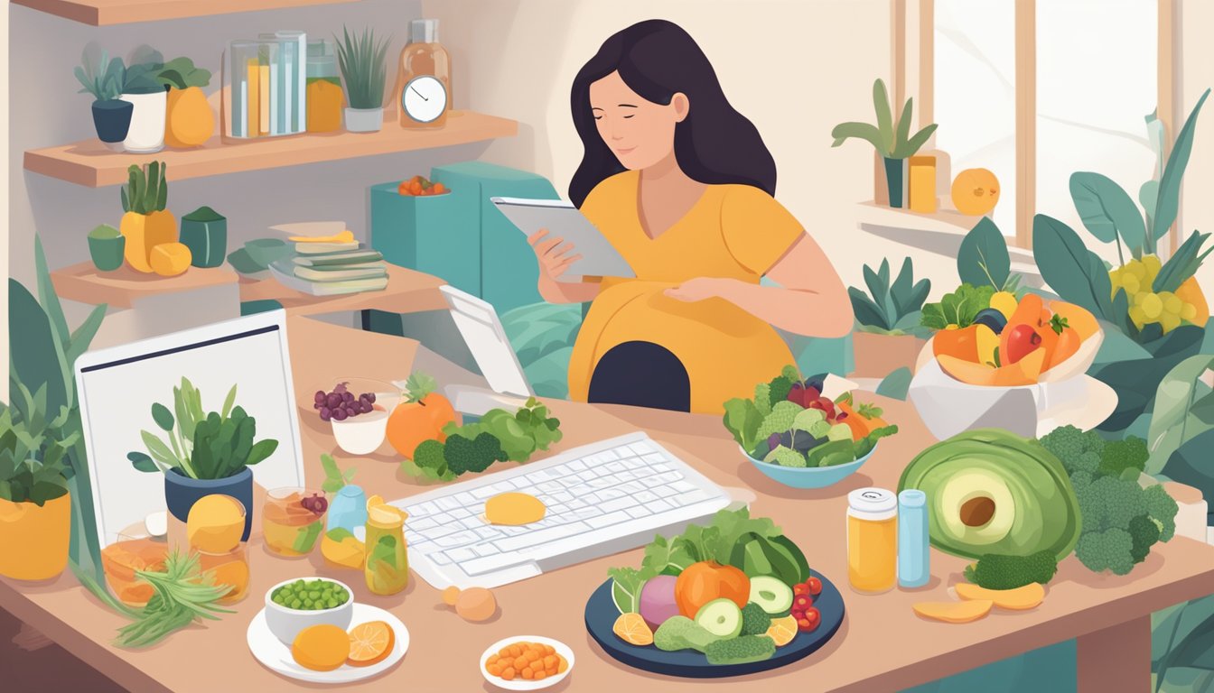 A pregnant woman researching intermittent fasting online, surrounded by prenatal vitamins and healthy food options