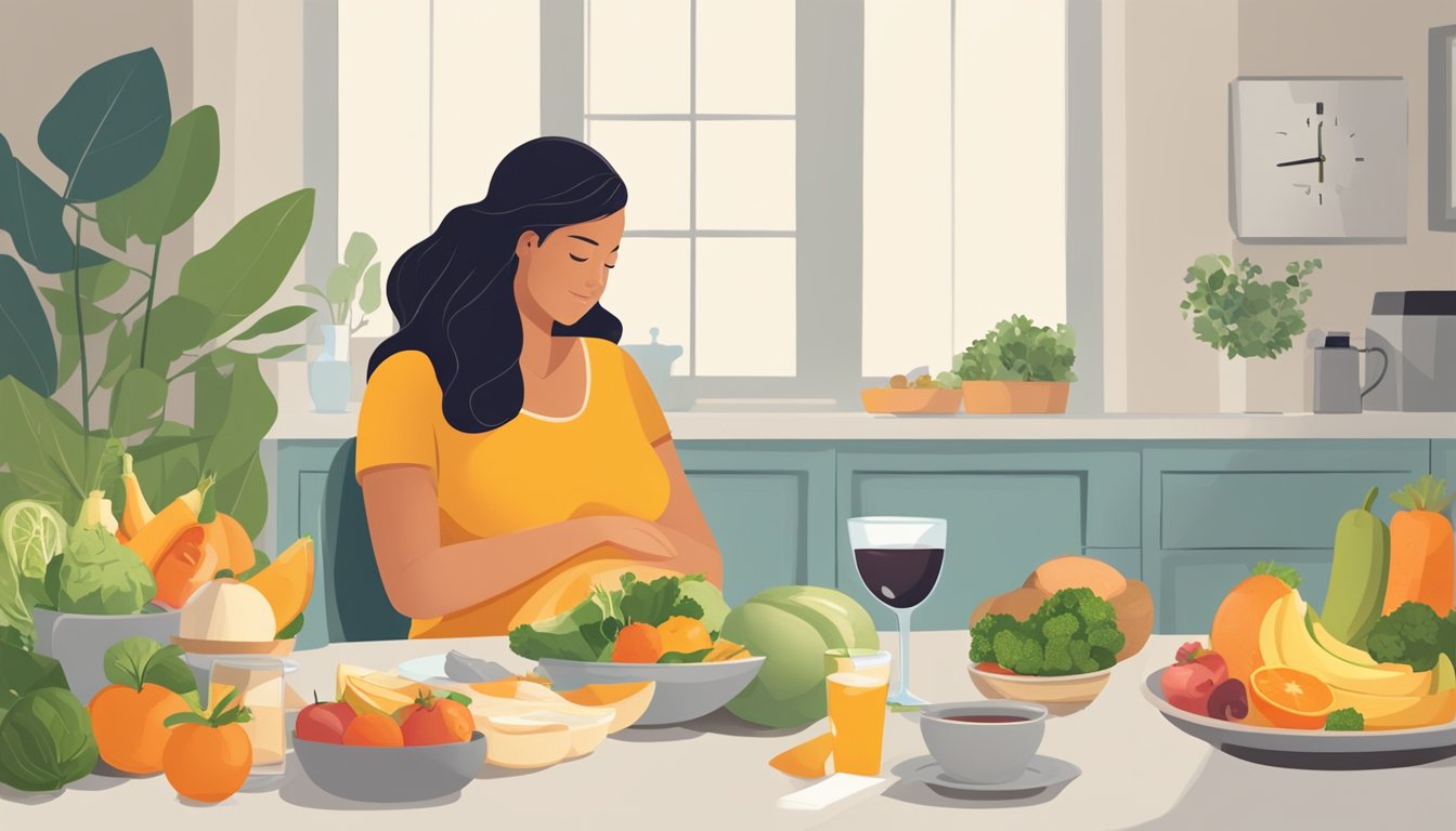 A serene pregnant woman sits at a table, surrounded by healthy foods and a glass of water. A clock on the wall shows the time, indicating the intermittent fasting schedule