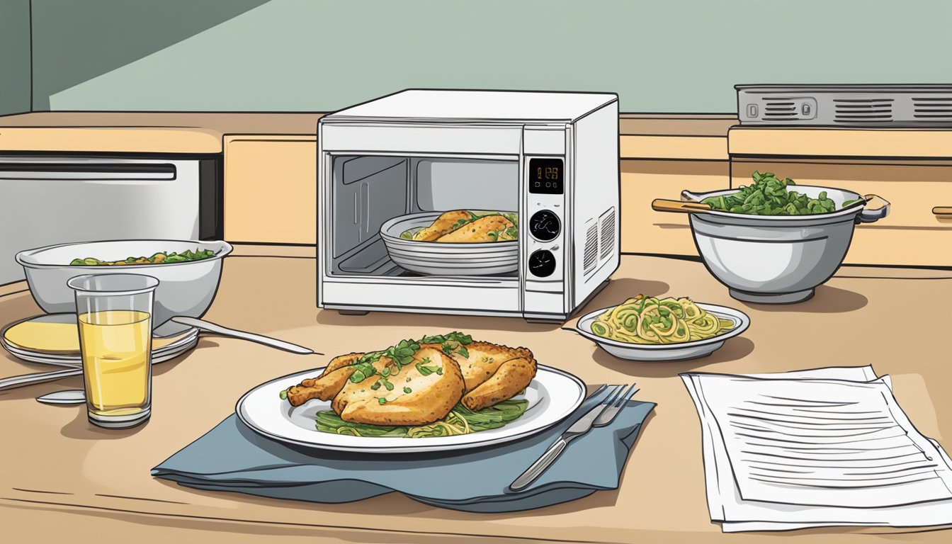 A kitchen counter with a microwave, a plate of chicken piccata, a fork, and a printed sheet of reheating instructions