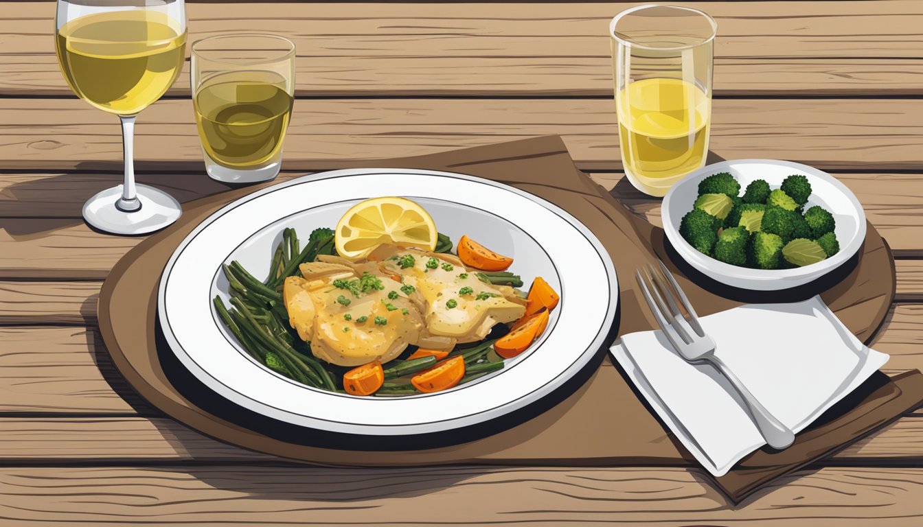 A plate of reheated chicken piccata with a side of roasted vegetables and a glass of white wine on a wooden table