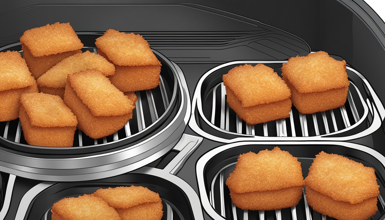 Chicken parmesan bites arranged in a single layer inside an air fryer basket, with the air fryer turned on and emitting heat