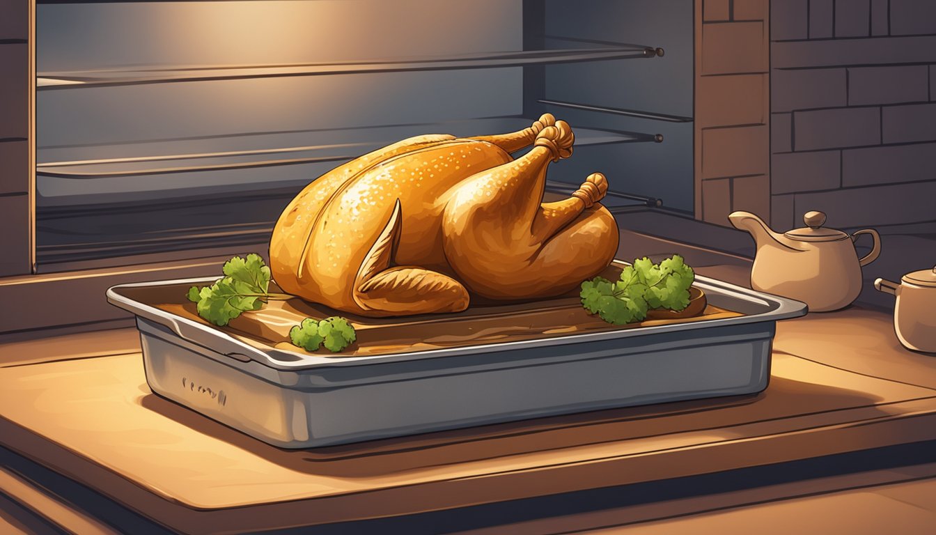 A golden-brown Chicken Wellington sits on a baking tray in a preheated oven, surrounded by the warm glow of the oven's interior