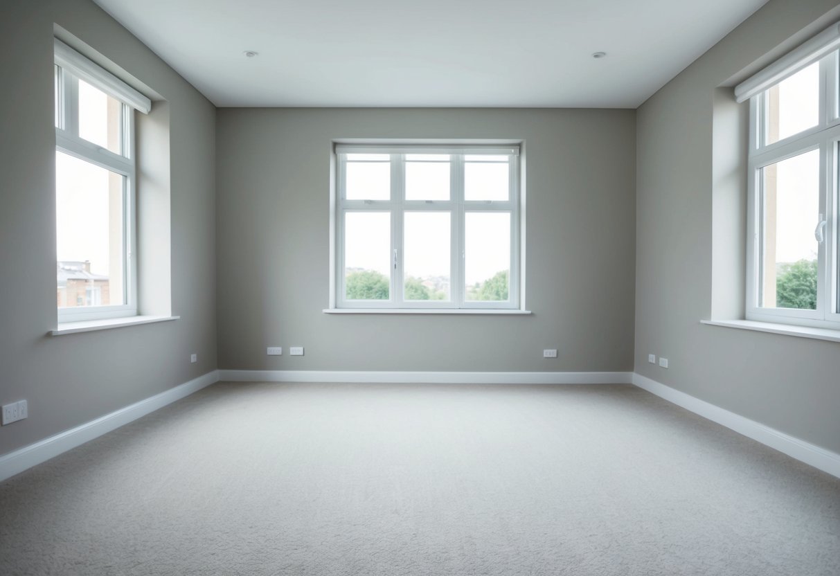 A tidy, neutral-colored living room with minimal decor and personal items removed. Bright, natural light streams in through the windows, creating a welcoming atmosphere