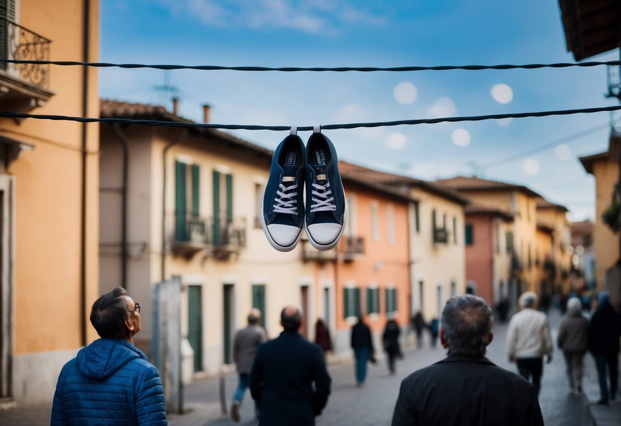 A pair of shoes hanging from a power line in an Italian neighborhood, with people walking by and glancing up at them