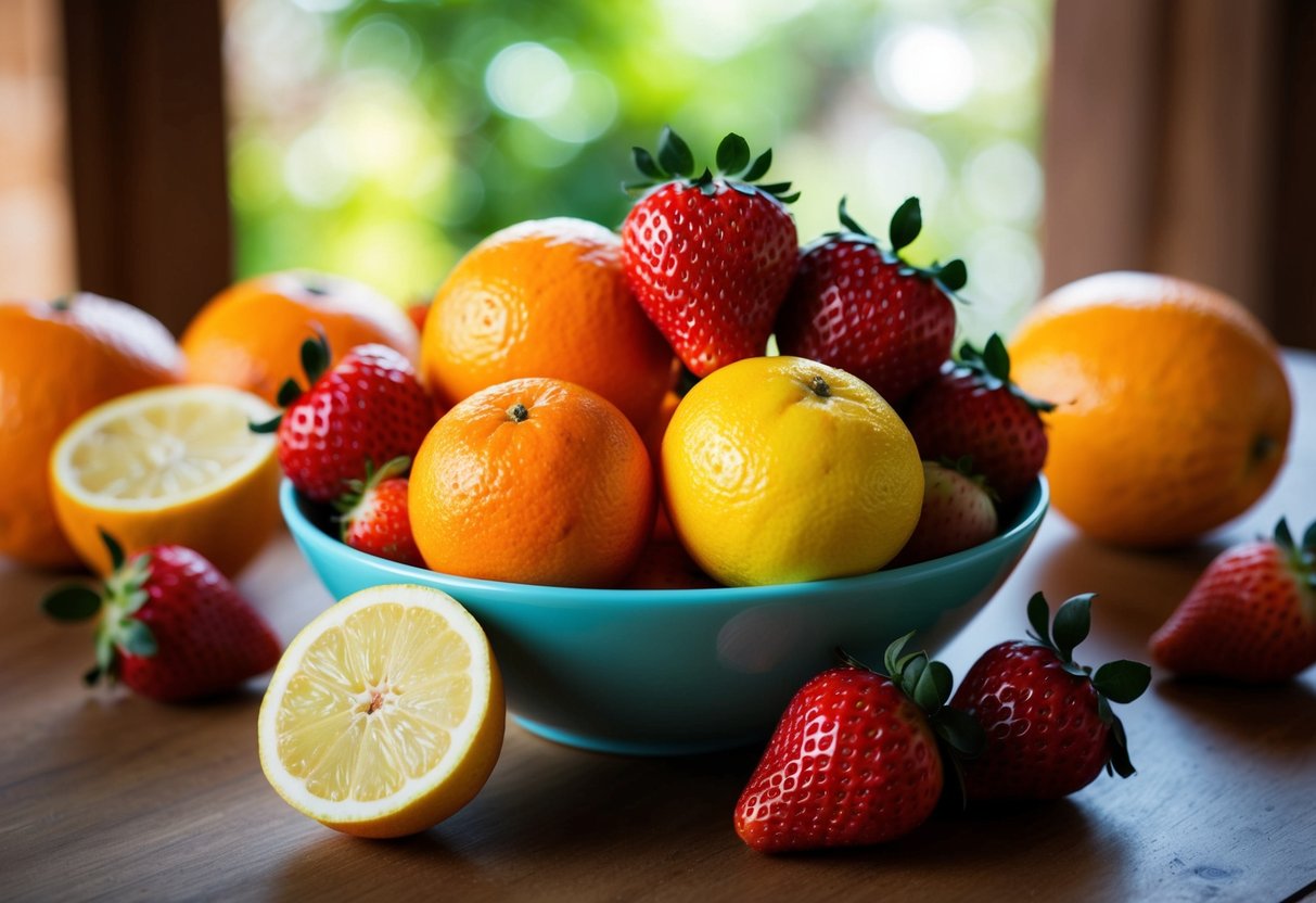 A vibrant fruit bowl with oranges, lemons, and strawberries