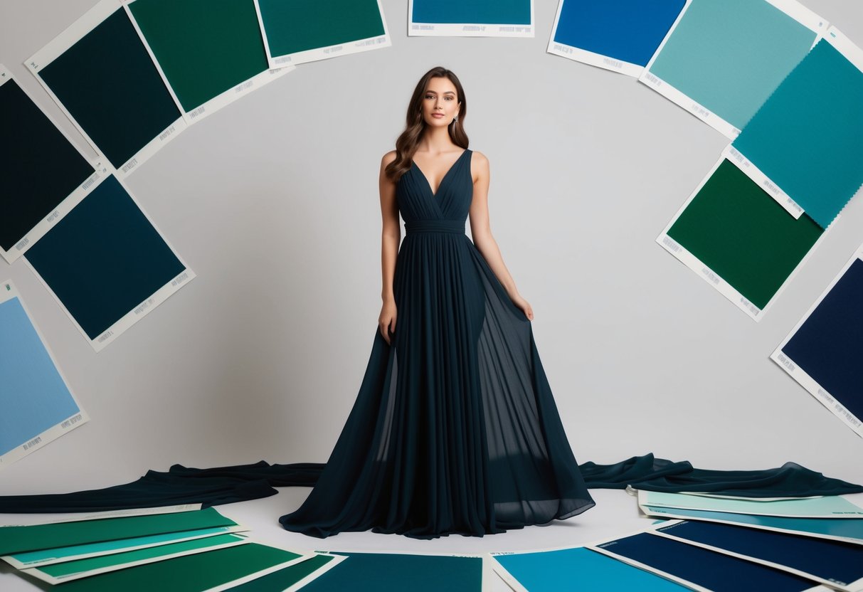 A woman in a flowing, dark-colored dress stands against a light background, surrounded by various shades of blue and green fabric swatches