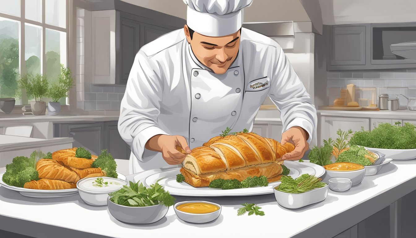 A chef carefully arranges reheated chicken Wellington on a pristine white serving platter, garnishing with fresh herbs and a drizzle of sauce