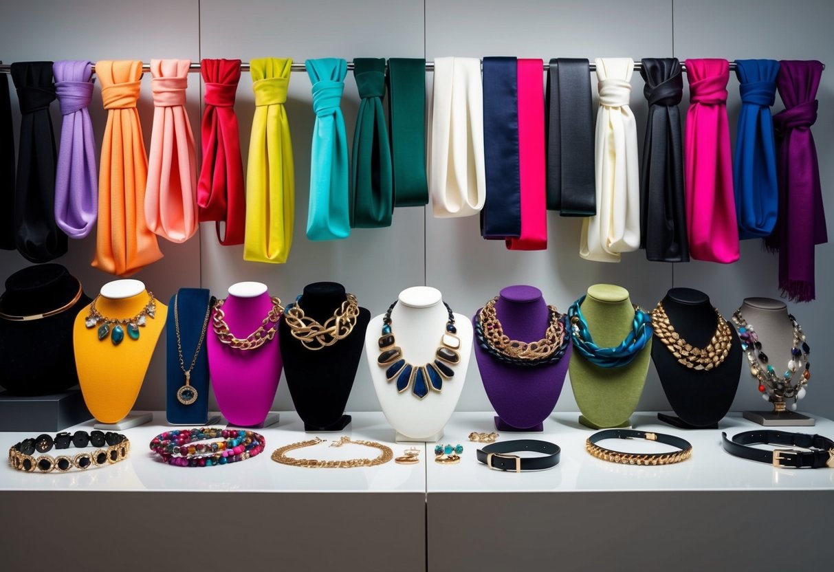 A vibrant array of colorful scarves, belts, and statement jewelry arranged on a sleek, minimalist display