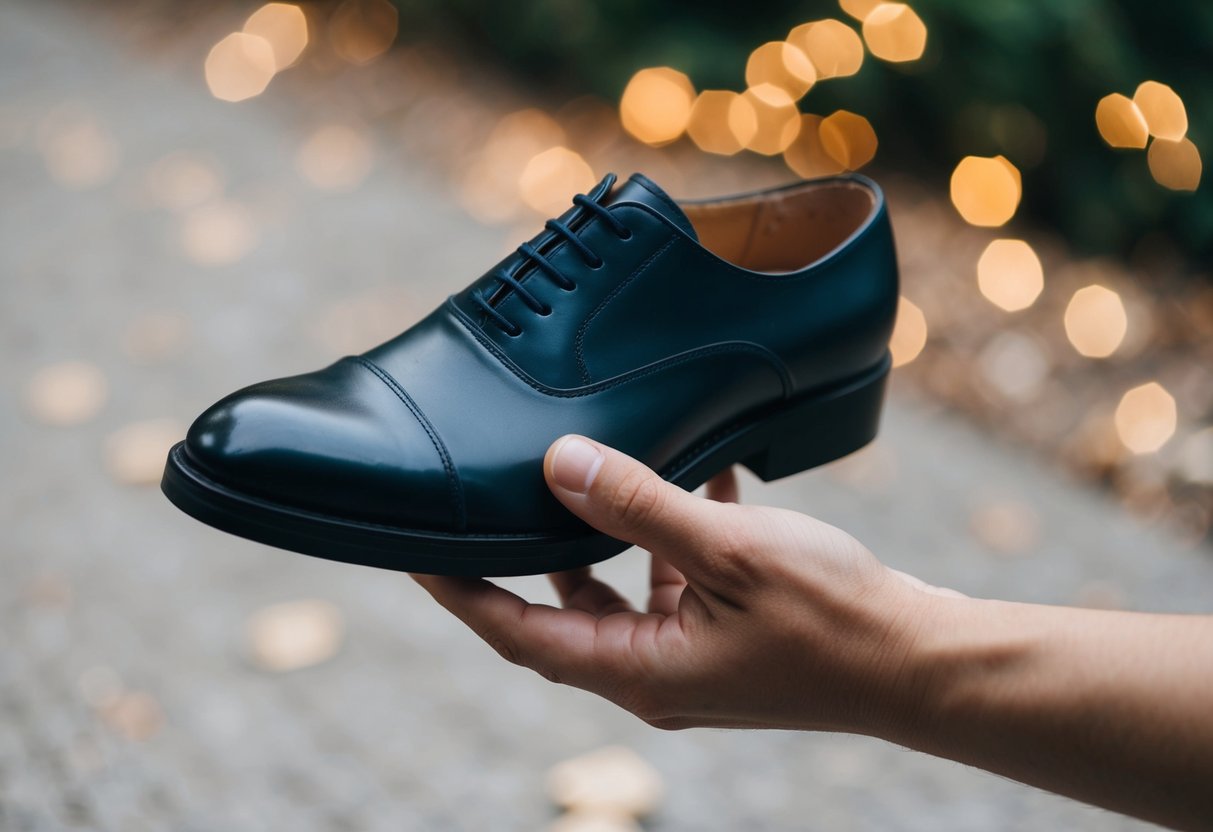 A hand holding a shoe with one finger's width of space between the end of the shoe and the longest toe