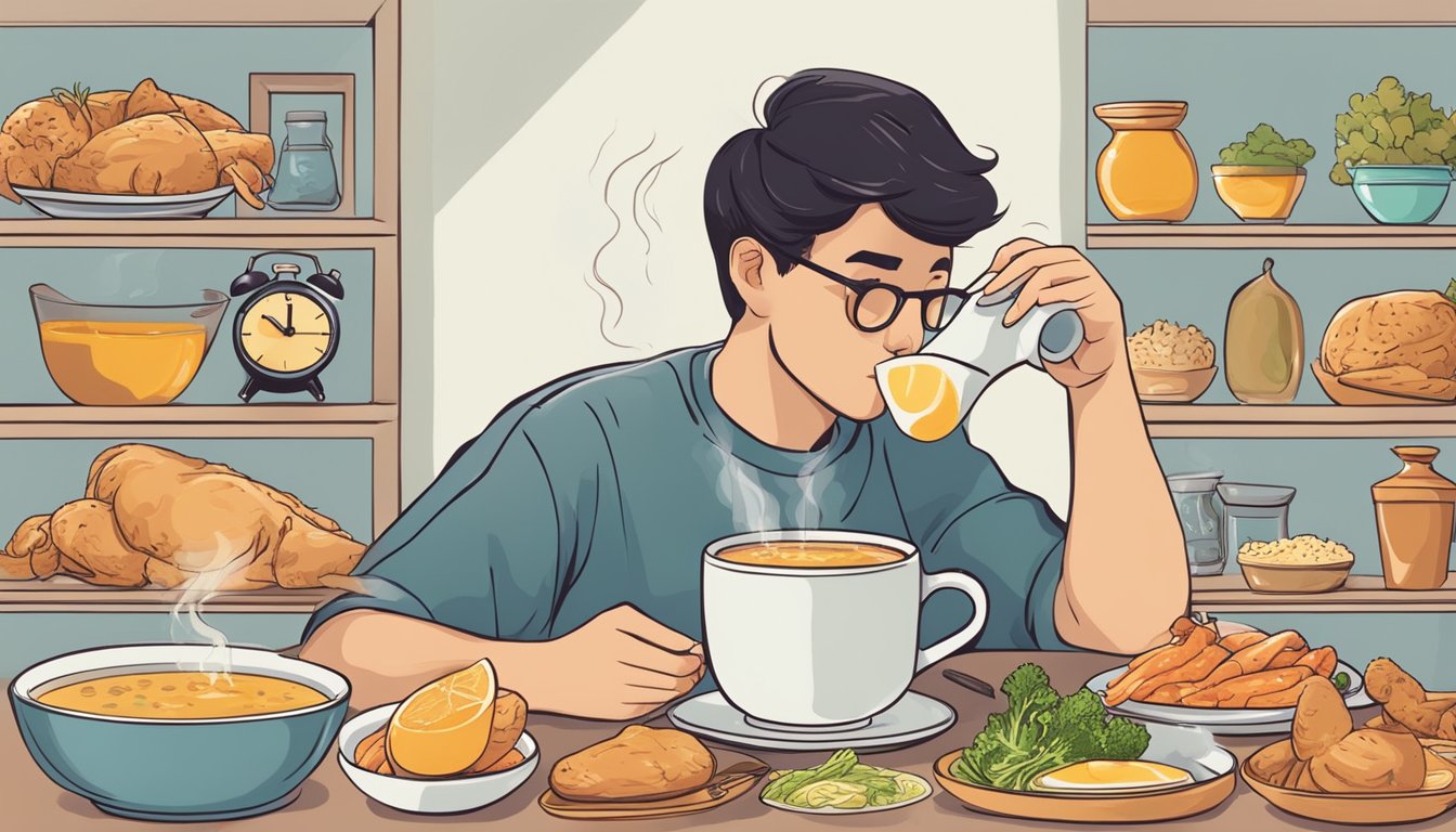 A person sipping on a steaming cup of chicken broth while surrounded by a clock and various food items representing intermittent fasting