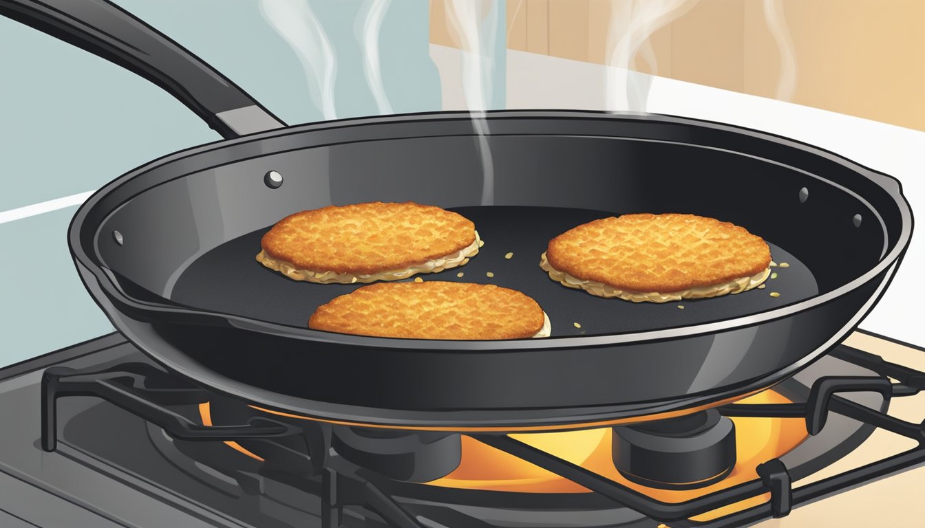 A skillet sizzling on the stovetop with chicken patties being flipped and heated until golden brown