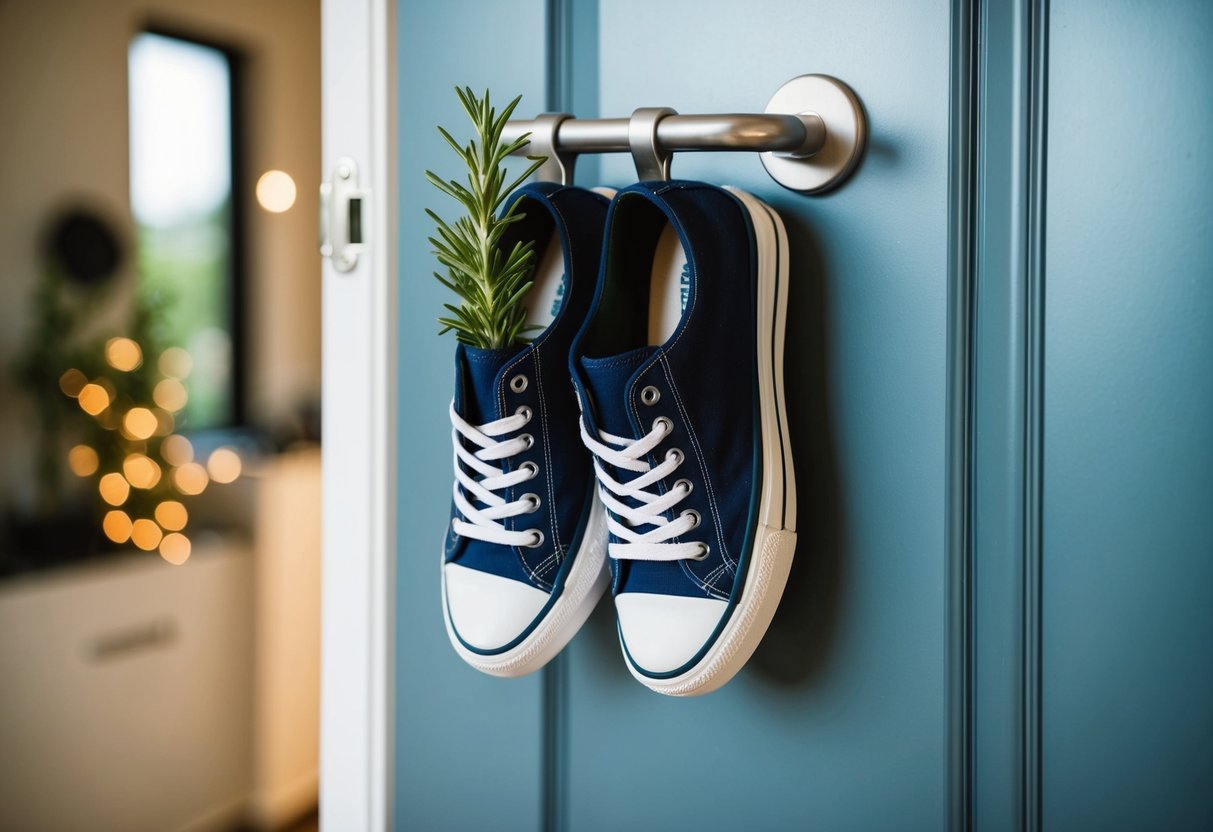 A pair of shoes hanging upside down on a door handle, with a sprig of rosemary tucked inside
