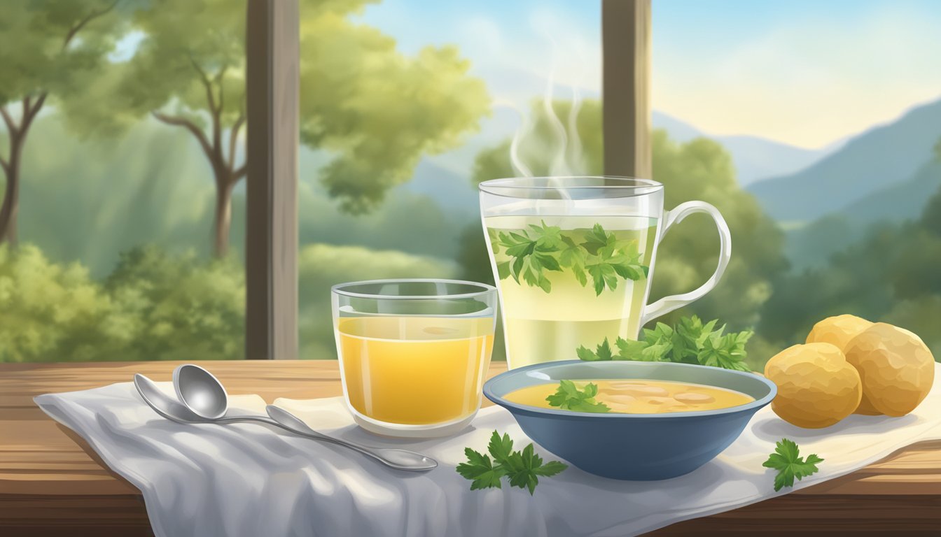 A steaming bowl of chicken broth sits on a table beside a glass of water, surrounded by a peaceful and serene setting