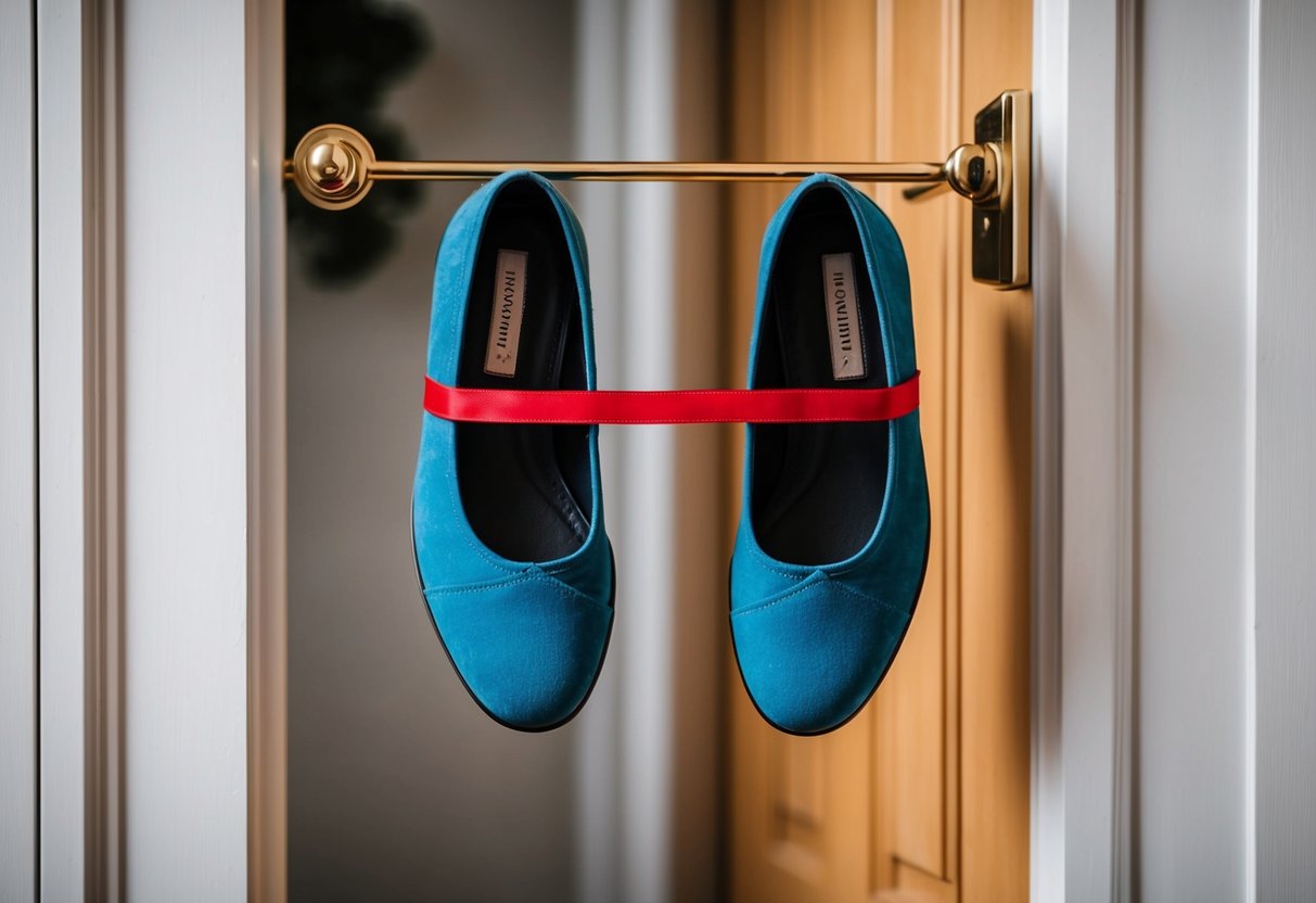 A pair of shoes hanging upside down on a door, with a small red ribbon tied around them for protection against bad luck