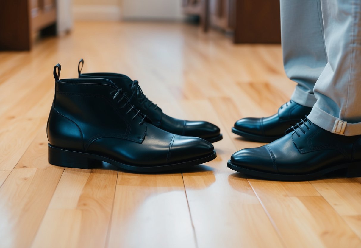 A pair of dark shoes placed next to a pair of lighter pants on a clean, hardwood floor