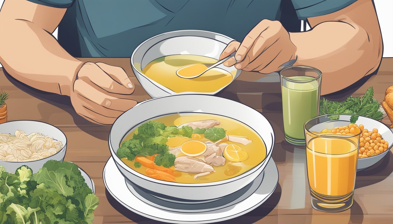 A person sipping chicken broth while sitting at a table with a variety of healthy foods spread out in front of them