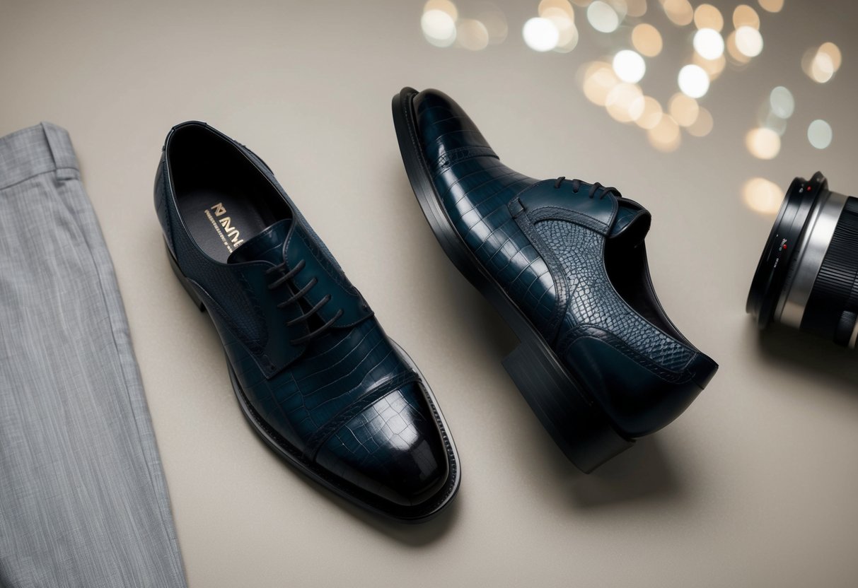 A pair of dark shoes and light pants laid out on a neutral background, with various textures and patterns visible